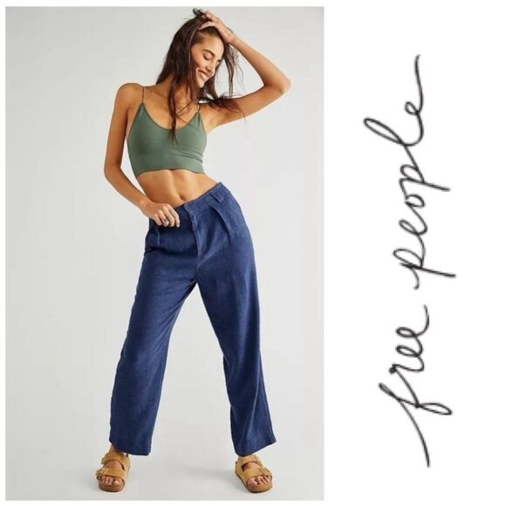 Free People Clean Linen Trousers High Waist Navy Blue Size 12